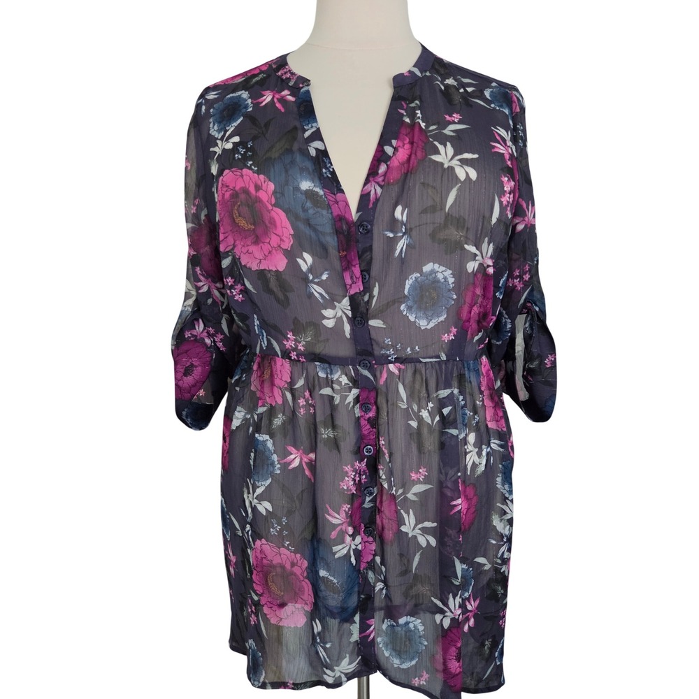 Torrid Sheer Floral Metallic Stripe Button Front Tunic Top Purple Blue Plus 2